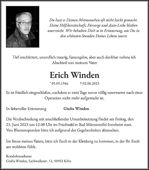 Traueranzeige von Erich Winden