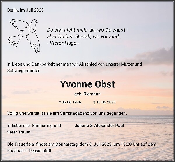 Obituary Yvonne Obst, Pessin