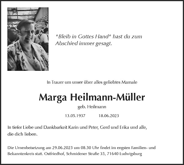 Obituary Marga Heilmann-Müller, Benningen