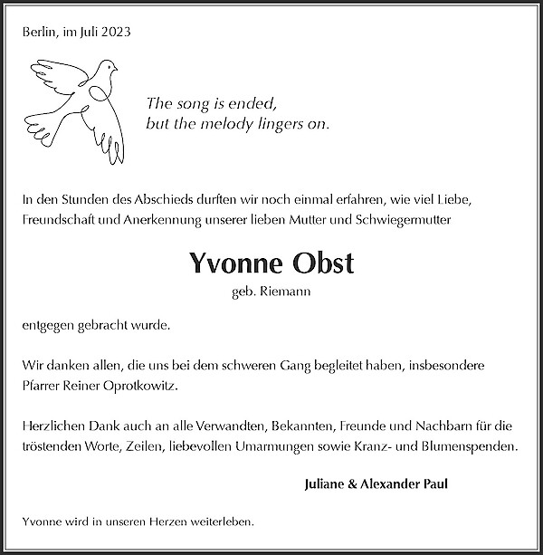 Obituary Yvonne Obst