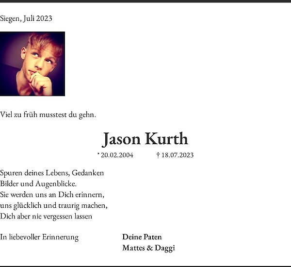 Traueranzeige von Jason Kurth, Siegen