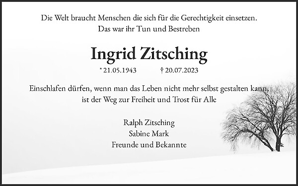 Traueranzeige von Ingrid Zitsching