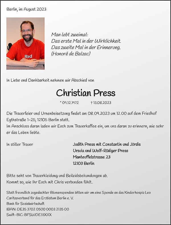 Traueranzeige von Christian Press, Berlin