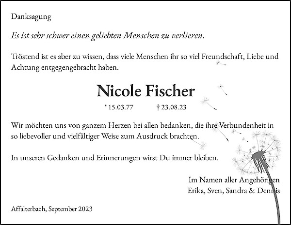 Traueranzeige von Nicole Fischer, Pflugfelden