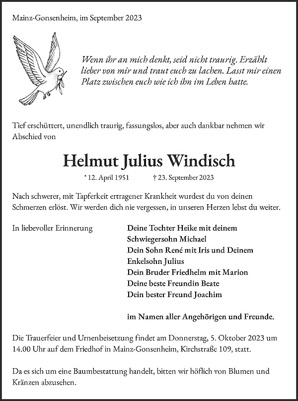 Traueranzeige von Helmut Julius Windisch, Mainz