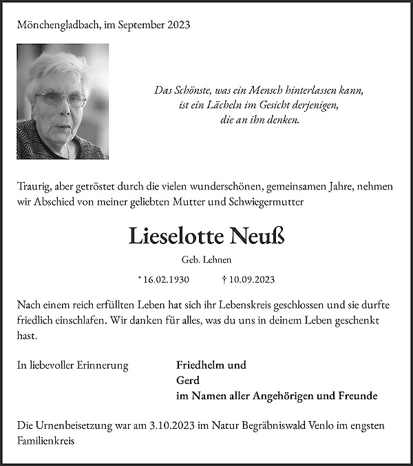 Obituary Lieselotte Neuß, Mönchengladbach