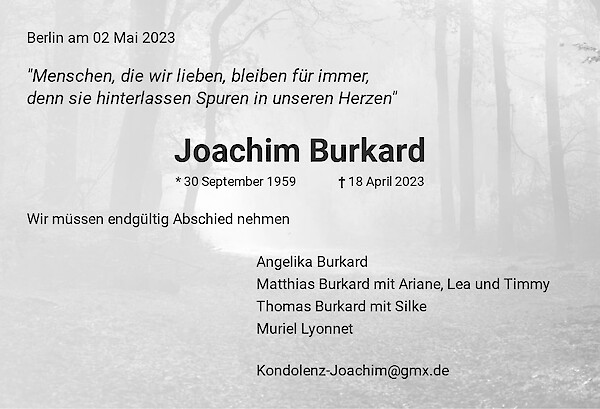 Traueranzeige von Joachim Burkard