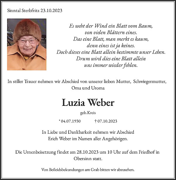 Obituary Luzia Weber, Sinntal Sterbfritz