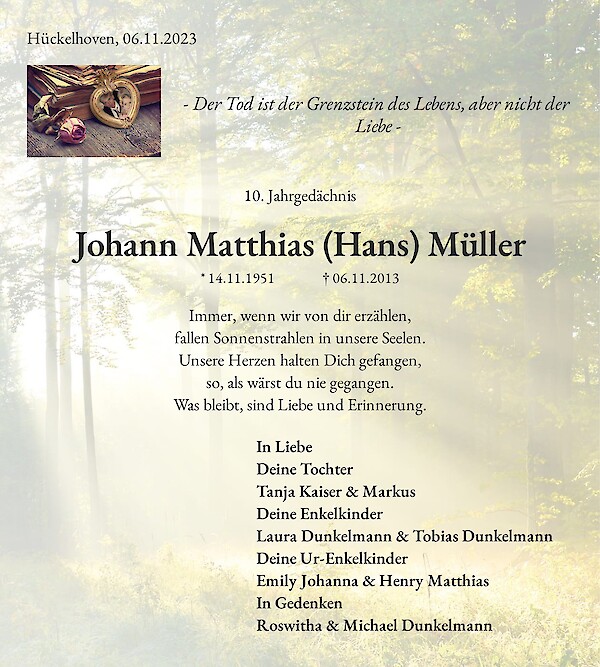 Obituary Johann Matthias (Hans) Müller, Hückelhoven