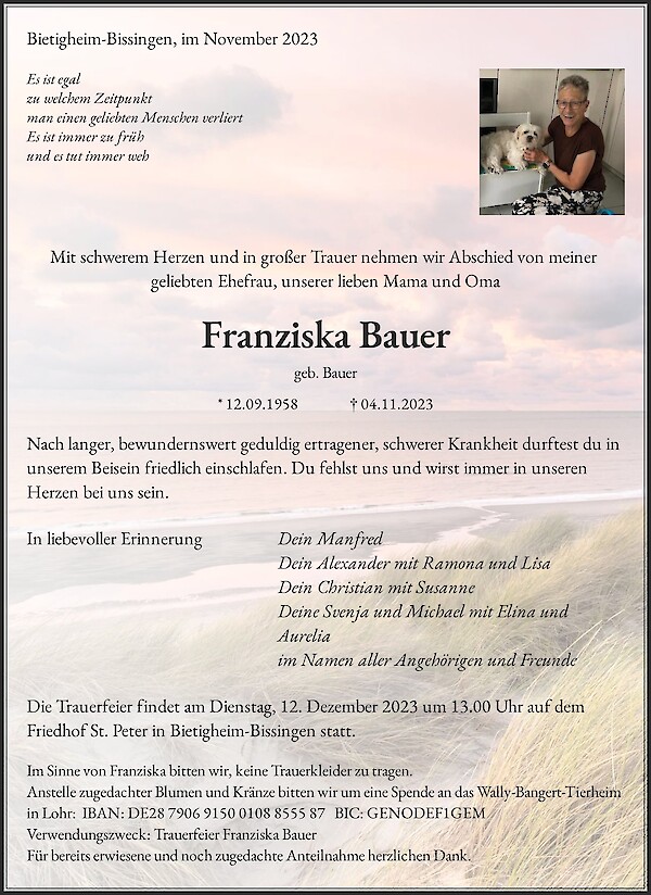 Obituary Franziska Bauer, Bietigheim-Bissingen