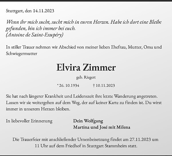 Obituary Elvira Zimmer, Stuttgart