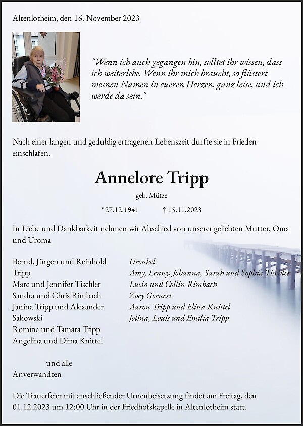 Obituary Annelore Tripp, Altenlotheim