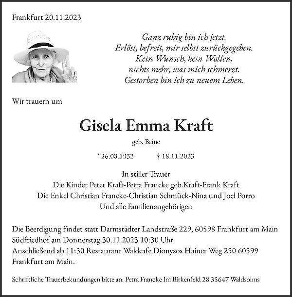 Obituary Gisela Emma Kraft, Frankfurt