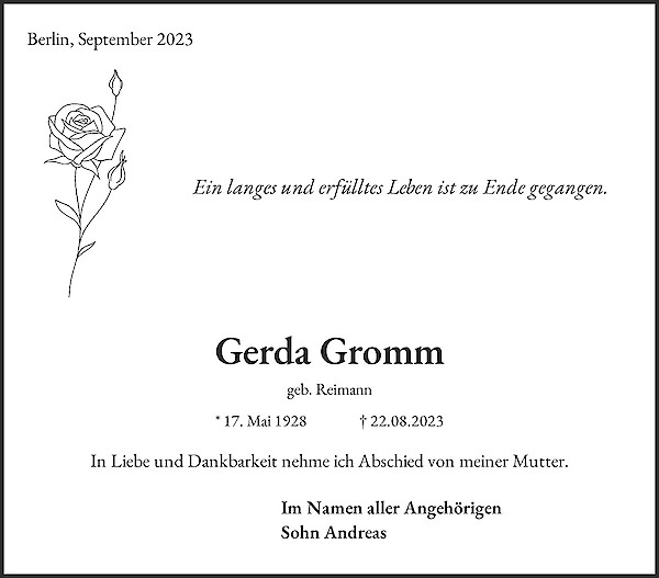 Obituary Gerda Gromm, Berlin