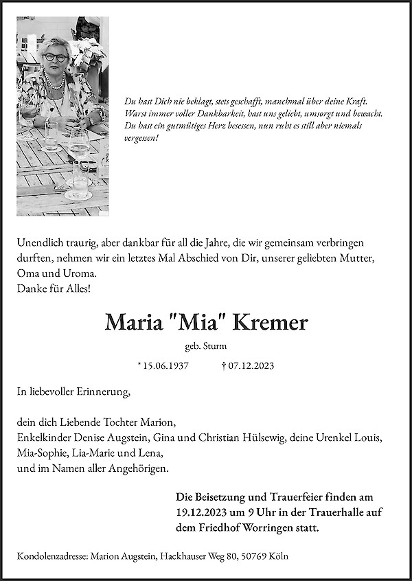 Traueranzeige von Maria "Mia" Kremer, Köln Worringen