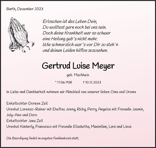 Traueranzeige von Gertrud Luise Meyer, Barth
