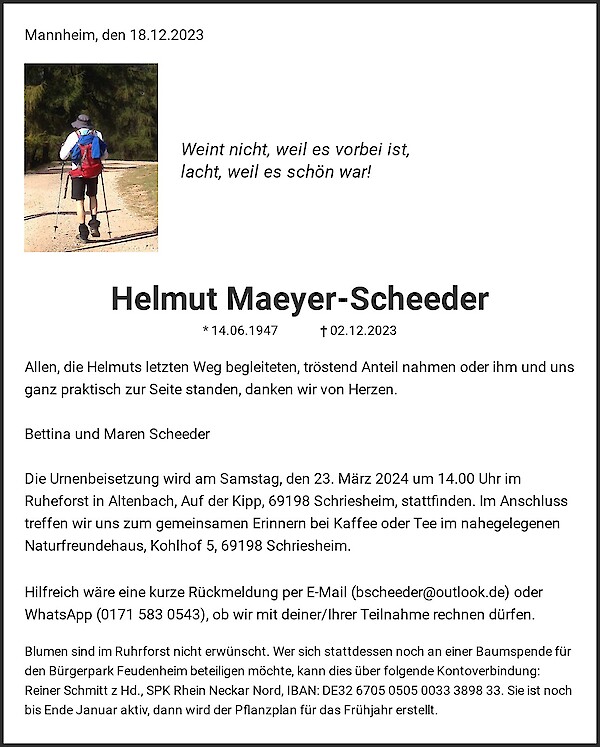 Obituary Helmut Maeyer-Scheeder, Mannheim