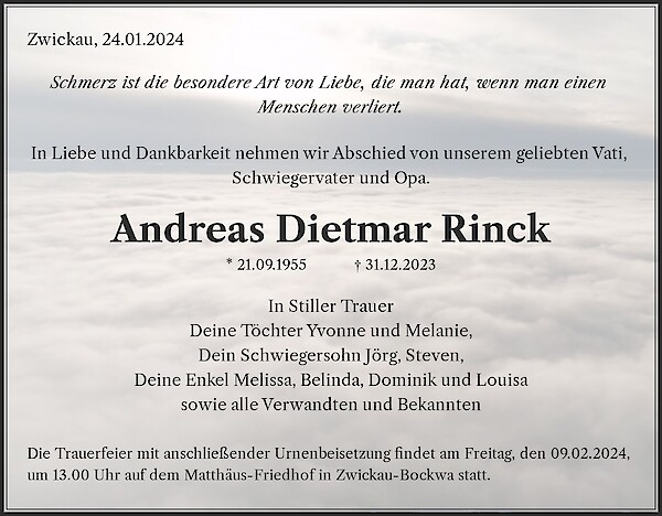 Obituary Andreas Dietmar Rinck, Zwickau