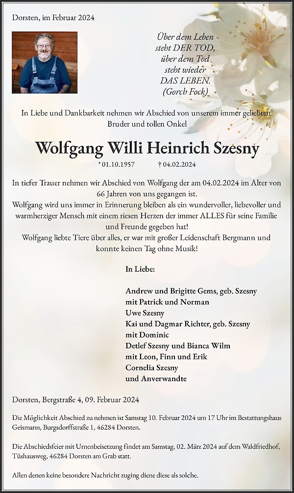 Obituary Wolfgang Willi Heinrich Szesny, Gladbeck