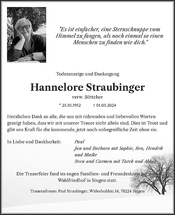 Traueranzeige von Hannelore Straubinger, Singen