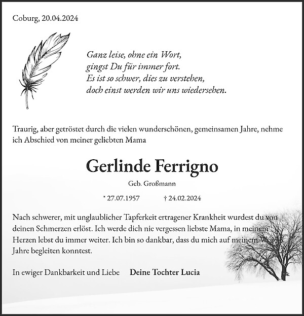 Obituary of Gerlinde Ferrigno, Coburg