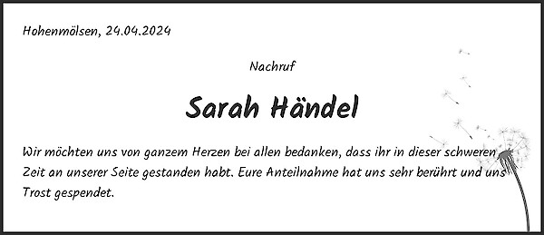 Traueranzeige von Sarah Händel