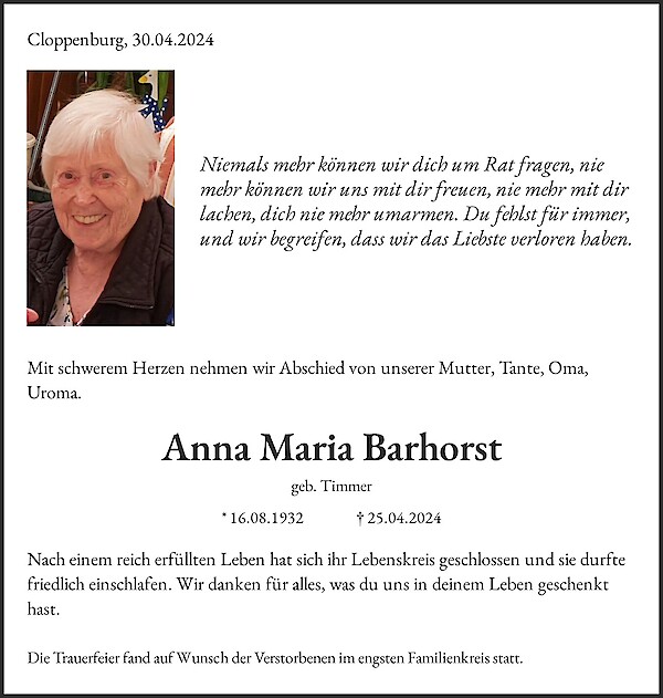 Obituary Anna Maria Barhorst, Cloppenburg