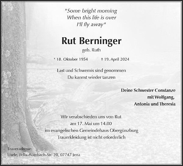 Traueranzeige von Rut Berninger