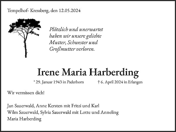 Traueranzeige von Irene Maria Harberding, Tempelhof-Kressberg