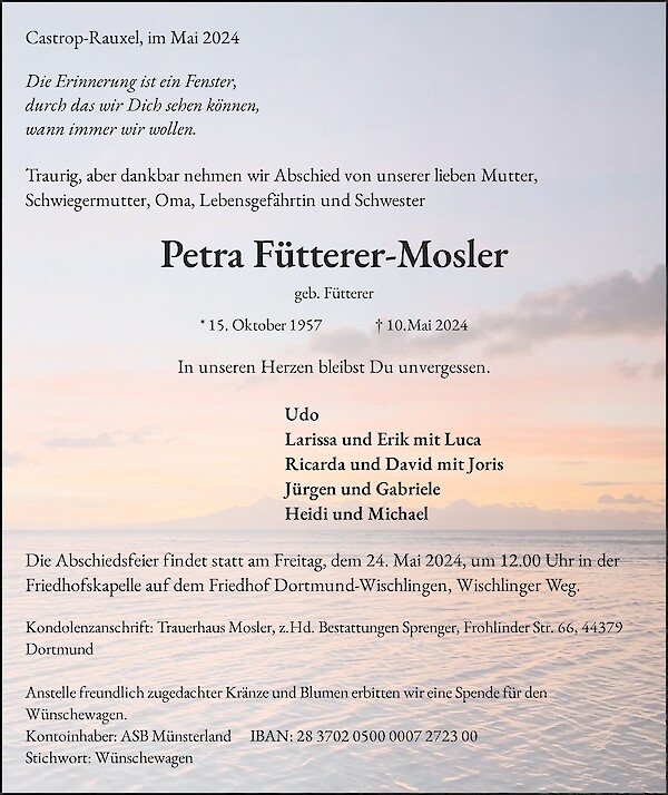 Obituary Petra Fütterer-Mosler, Castrop-Rauxel