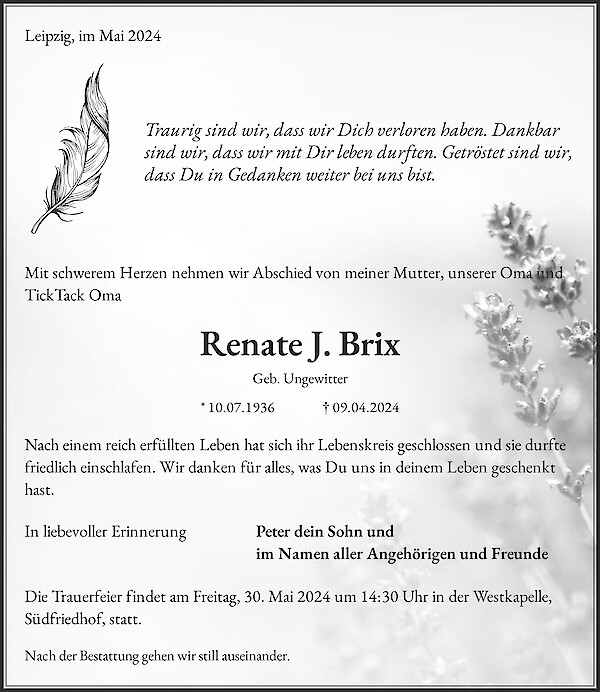 Traueranzeige von Renate J. Brix