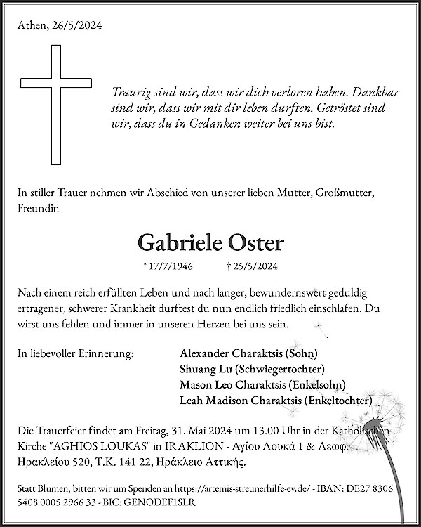 Traueranzeige von Gabriele Oster