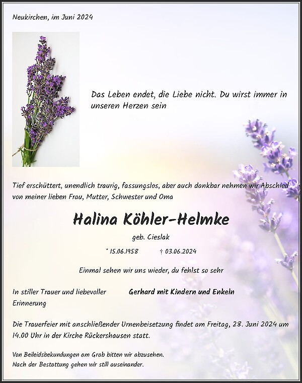 Traueranzeige von Halina Köhler-Helmke, Neukirchen