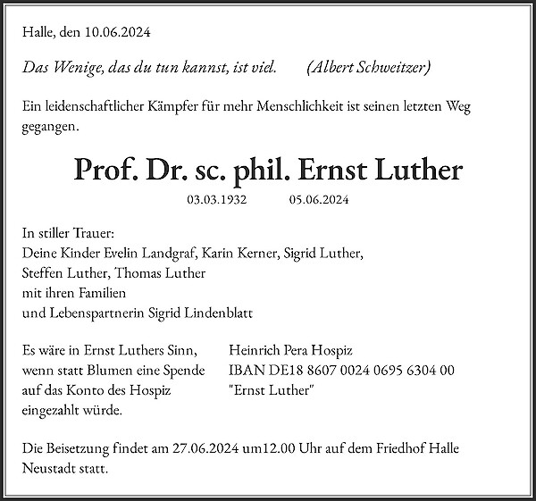 Obituary Prof. Dr. sc. phil. Ernst Luther, Halle