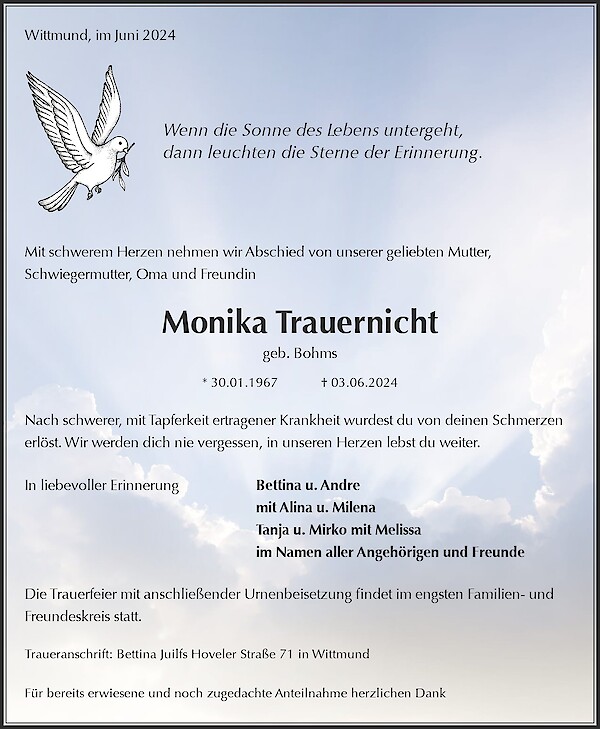 Traueranzeige von Monika Trauernicht, Wiesmoor