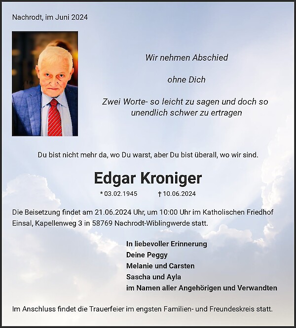 Traueranzeige von Edgar Kroniger, Nachrodt-Wiblingwerde