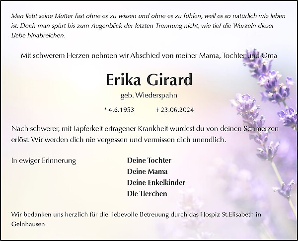 Traueranzeige von Erika Girard, Wächtersbach