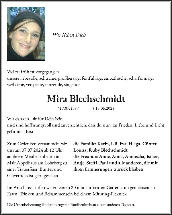 Traueranzeige von Mira Blechschmidt