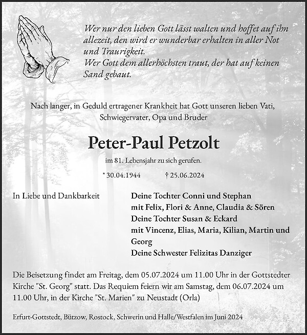 Obituary Peter-Paul Petzolt, Neustadt (Orla)