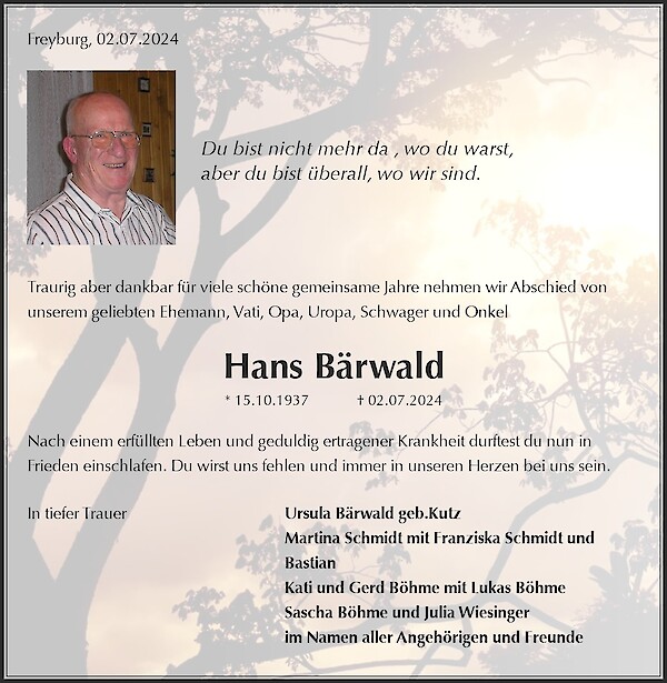 Traueranzeige von Hans Bärwald