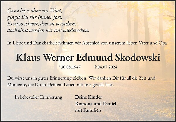 Obituary Klaus Werner Edmund Skodowski