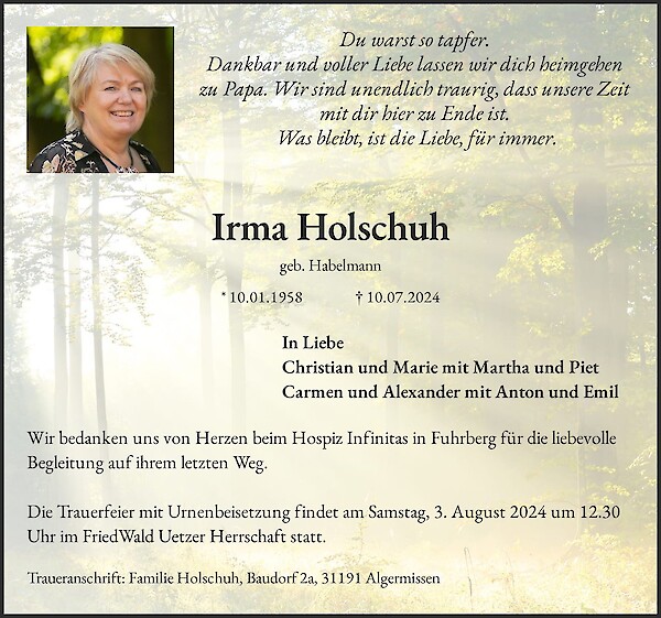 Traueranzeige von Irma Holschuh