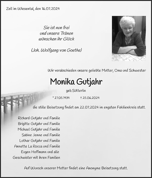 Obituary Monika Gutjahr, Zell  im Wiesental