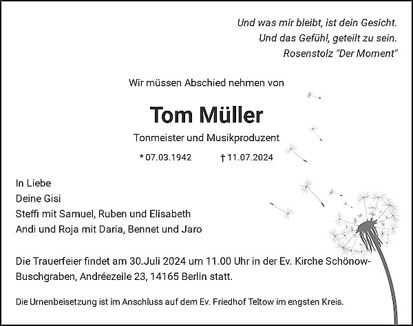 Traueranzeige von Tom Müller