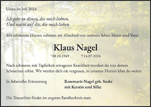 Traueranzeige von Klaus Nagel, Unna