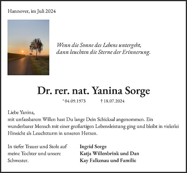 Traueranzeige von Dr. rer. nat. Yanina Sorge