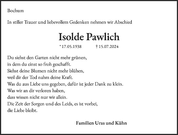 Traueranzeige von Isolde Pawlich, Bochum