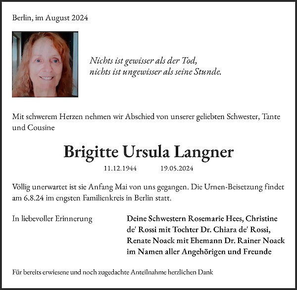 Traueranzeige von Brigitte Ursula Langner, Köln