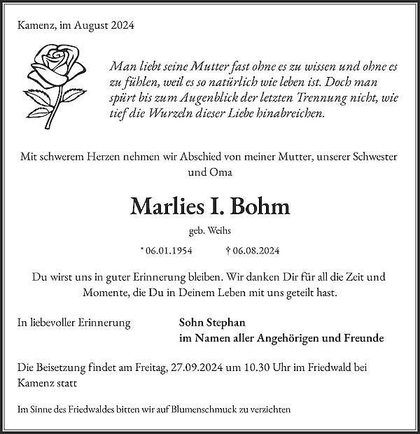 Obituary Marlies I. Bohm, Kamenz