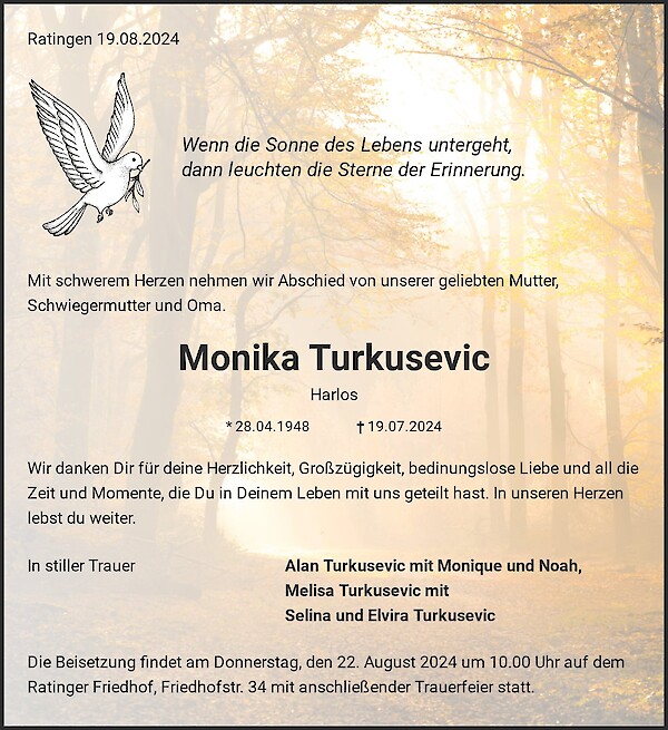 Traueranzeige von Monika Turkusevic, Ratingen